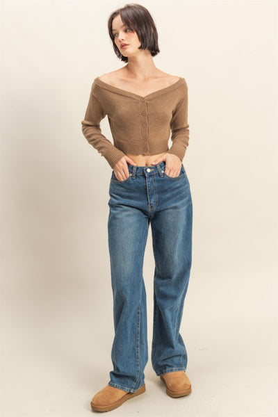 Sage Off Shoulder Cropped Cardi