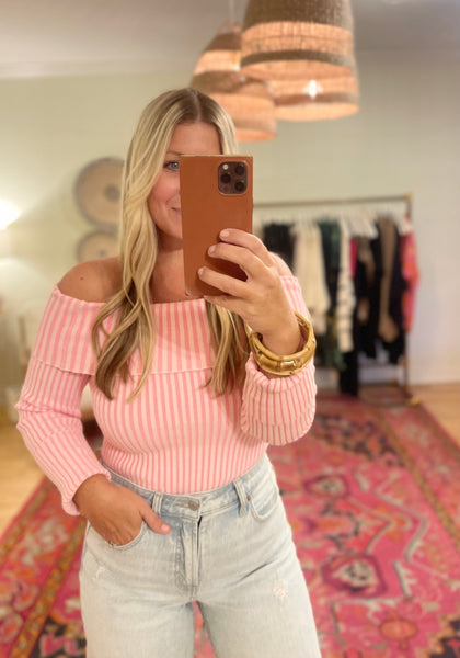 Striped Pink Ribbed Off Shoulder Knit