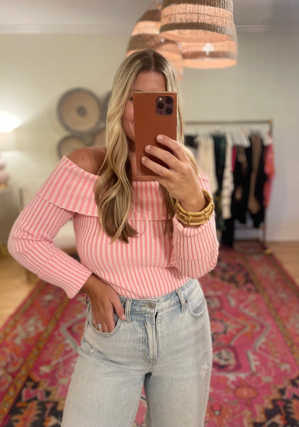 Striped Pink Ribbed Off Shoulder Knit