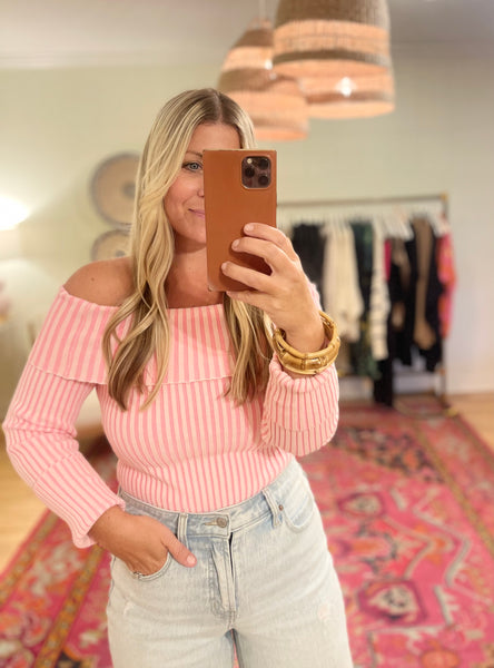 Striped Pink Ribbed Off Shoulder Knit